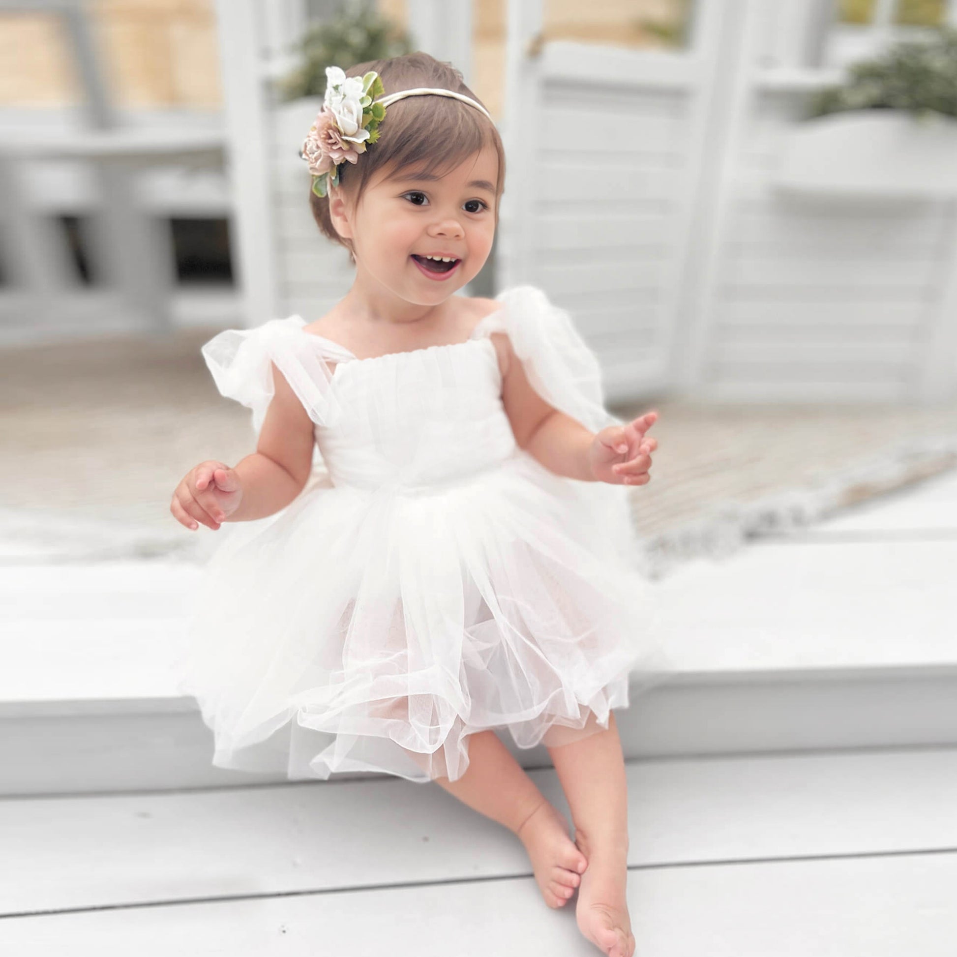 White Flower Girl Dress, Tulle Tutu Dress Romper for Newborn Baby or Toddler Girl with Bow Headband, Birthday Party Gown Special Occasion