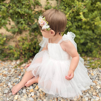 White Flower Girl Dress, Tulle Tutu Dress Romper for Newborn Baby or Toddler Girl with Bow Headband, Birthday Party Gown Special Occasion