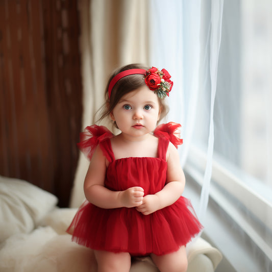 Red Tulle Tutu Dress Romper for Newborn Baby or Toddler Girl with Bow Headband, Birthday Party Gown Special Occasion