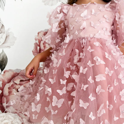 Fashion Baby Girl Little Princess Butterfly Tulle Tutu Dress Puff Sleeve, kids Pageant Party Gown, Special Occasion, Flower Girl Dress, Birthday Baby Clothes