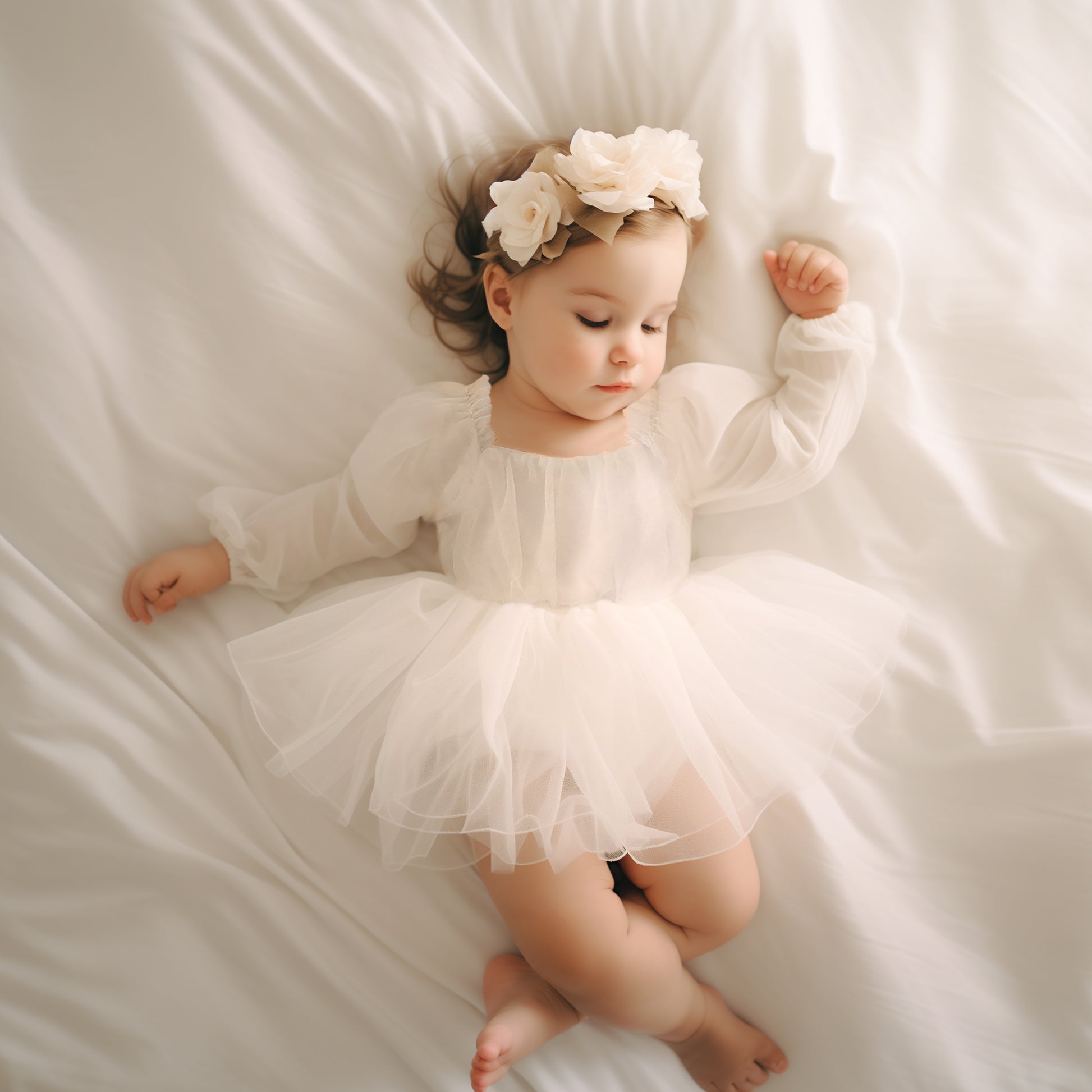 Tulle Baby Flower Girl Dress with Headband for Wedding, Baptism and Special Occasion, Newborn Toddler Girls Boho outfit white romper