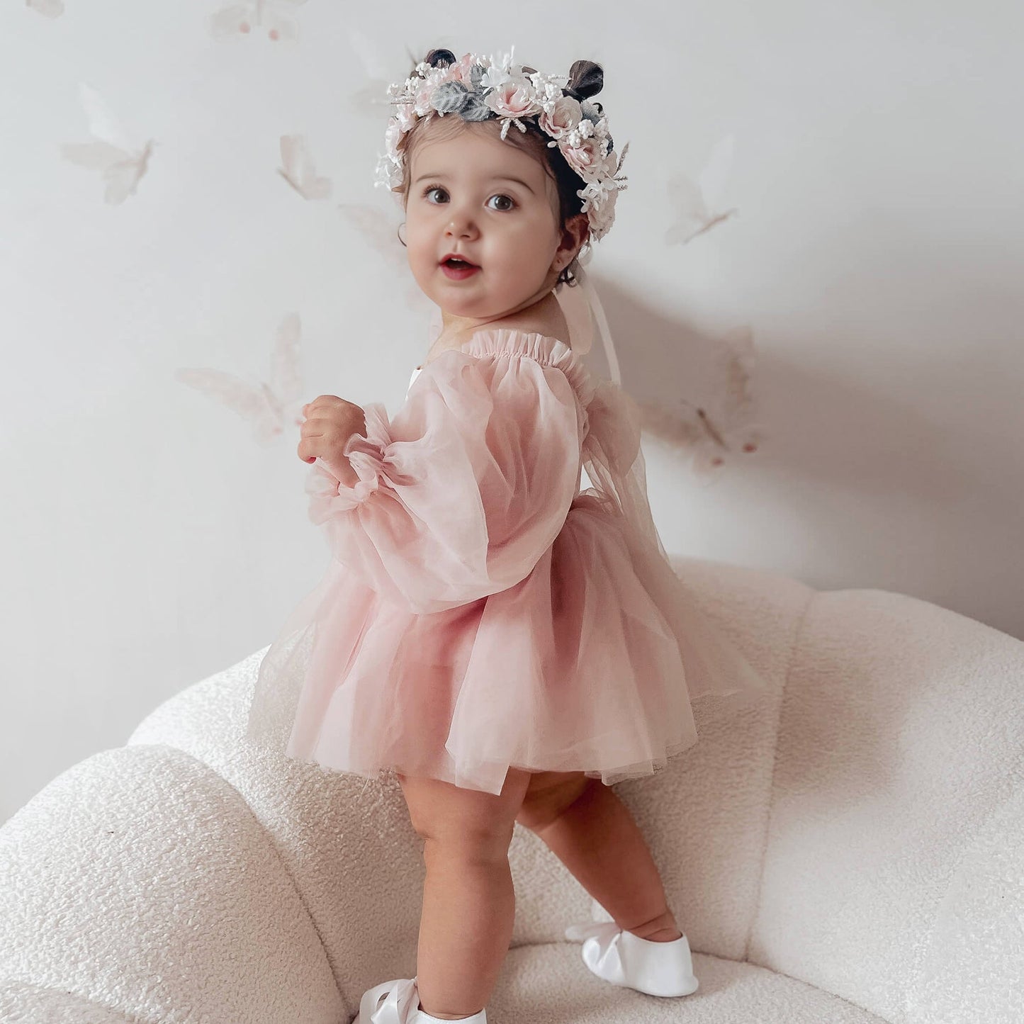 Tulle Baby Flower Girl Dress with Headband for Wedding, Baptism and Special Occasion, Newborn Toddler Girls Boho outfit blush pink romper