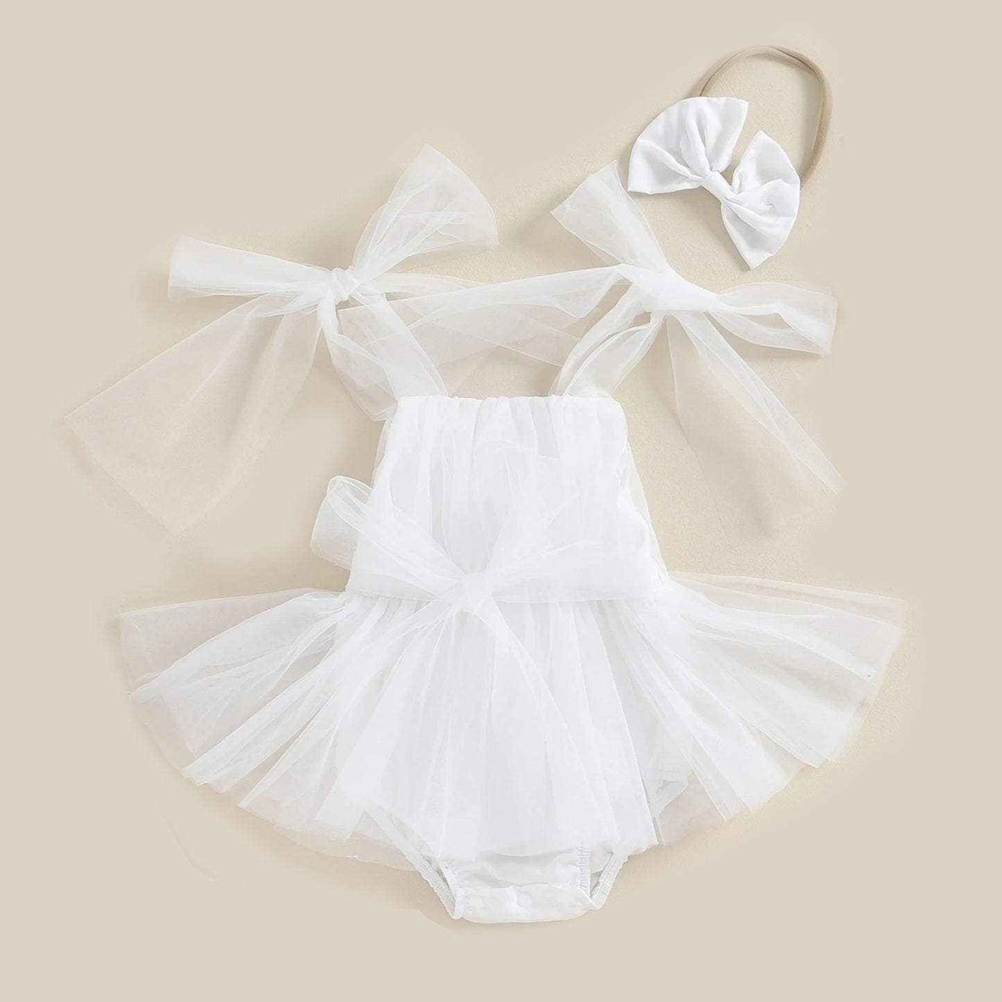 White Flower Girl Dress, Tulle Tutu Dress Romper for Newborn Baby or Toddler Girl with Bow Headband, Birthday Party Gown Special Occasion