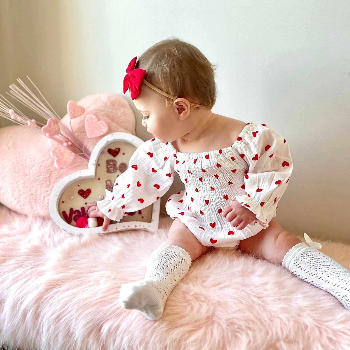 Valentines Days Baby Girl Cute Bubble Romper with Hairband, Cotton Muslin White Bodysuit Hearts