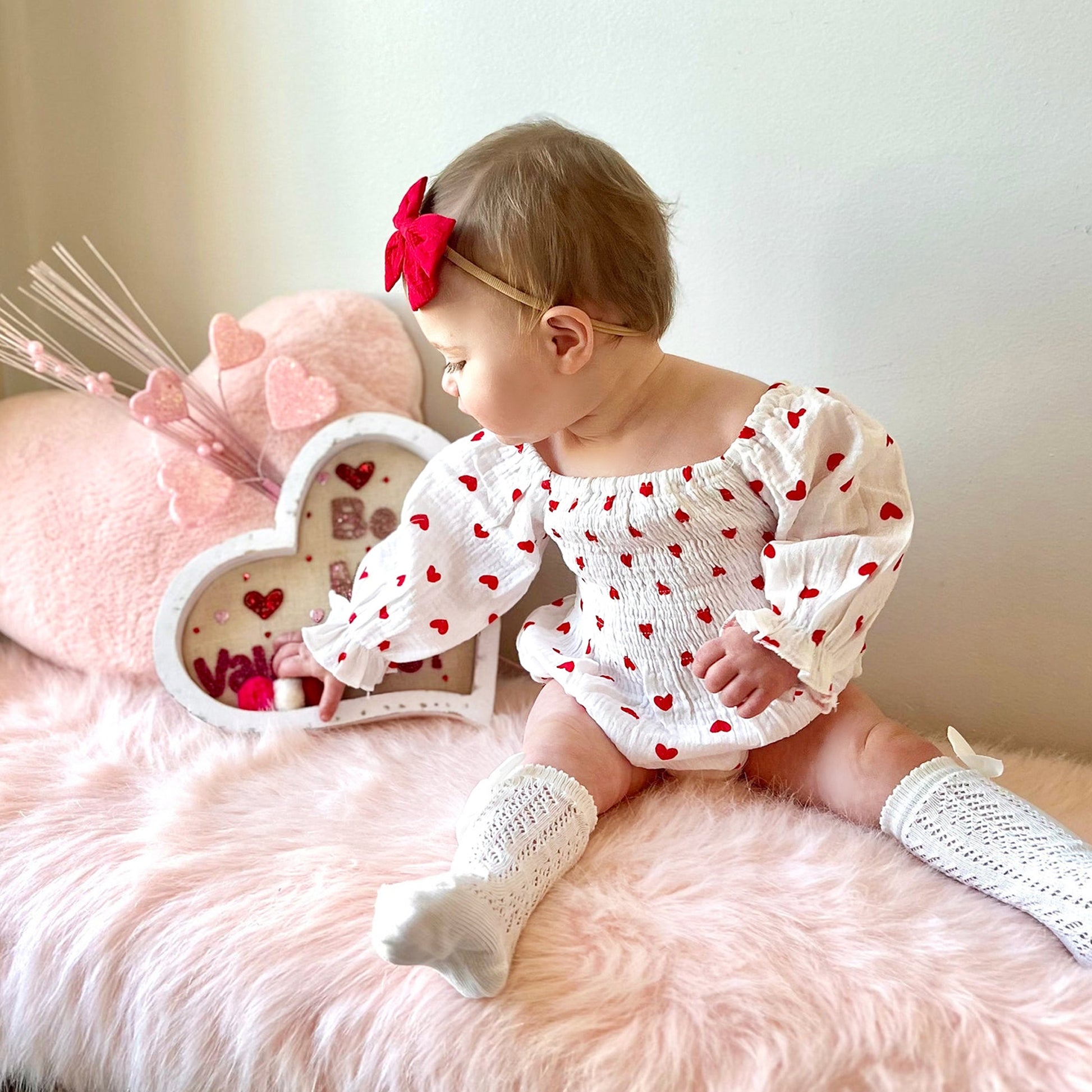 Valentines Days Baby Girl Cute Bubble Romper with Hairband, Cotton Muslin White Bodysuit Hearts