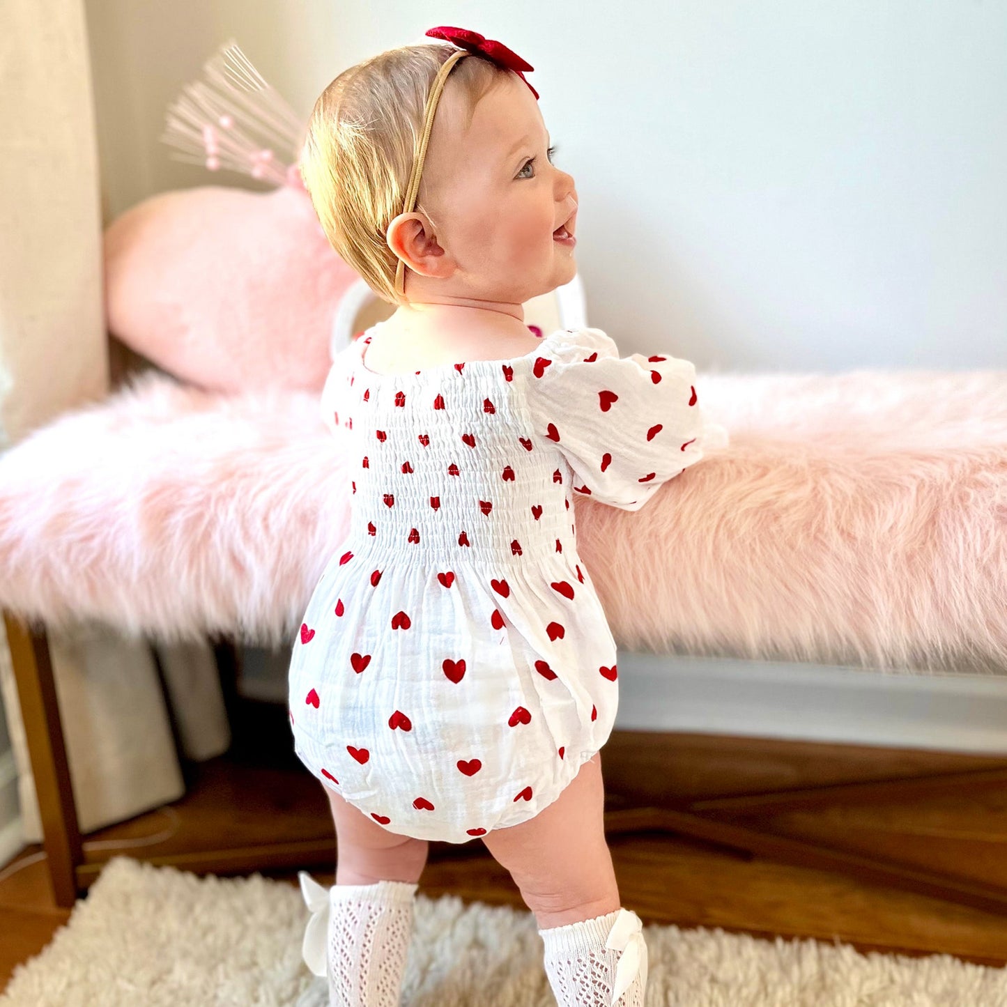 Valentines Days Baby Girl Cute Bubble Romper with Hairband, Cotton Muslin White Bodysuit Hearts