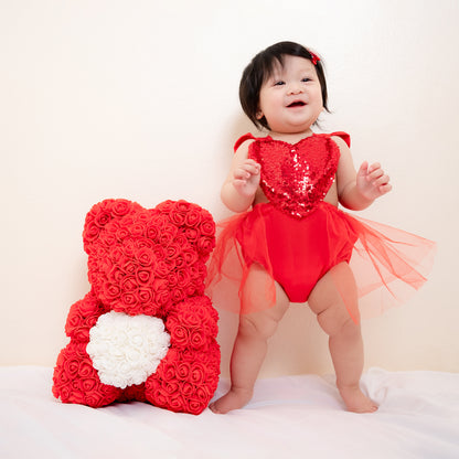 Valentines Outfit Baby Girl, Toddler Girl Red Tulle Dress Romper with Sequin Heart