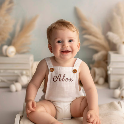 Personalized Baby Boy Romper for One Birthday Party, White Linen Overalls