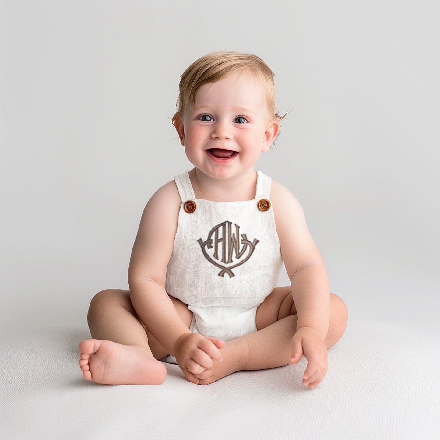 Monogram Baby Boy Romper, Personalized White Linen Overalls