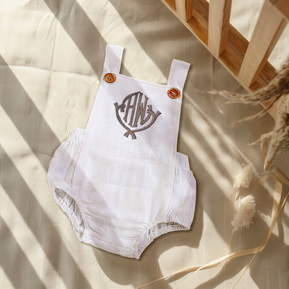 Monogram Baby Boy Romper, Personalized White Linen Overalls