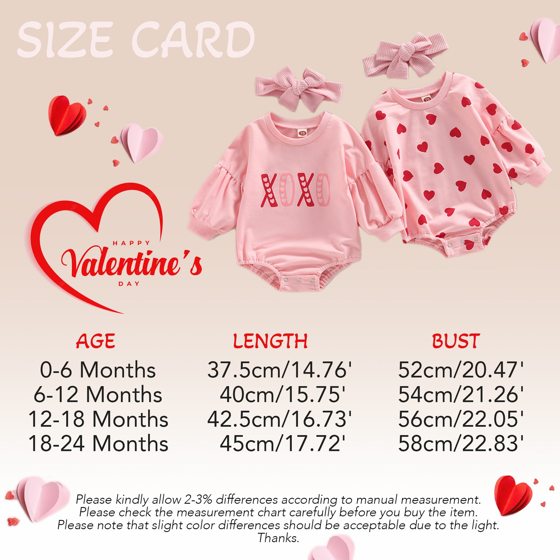 XOXO Pink Heart Baby Girl Romper with Headband for First Valentines Day