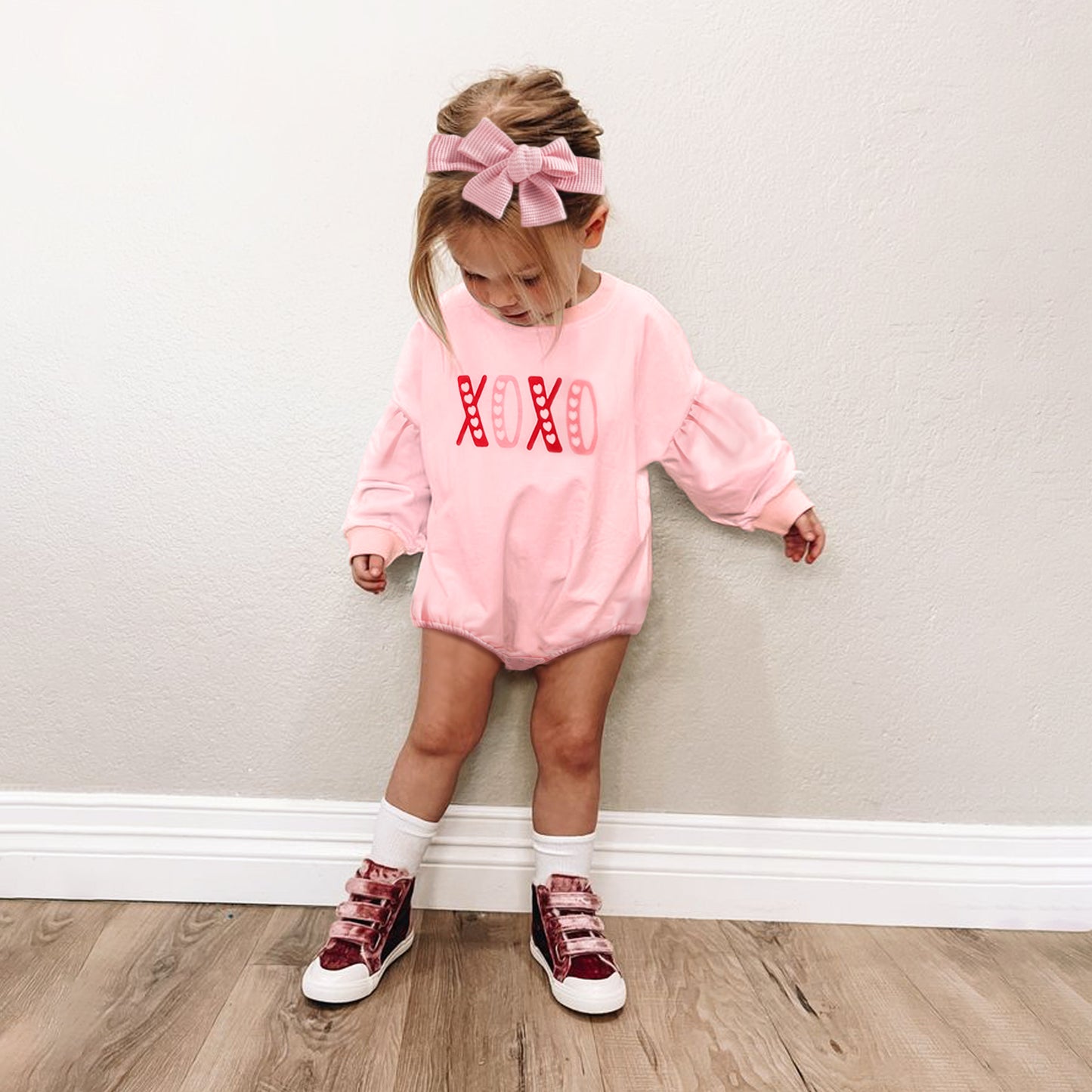 XOXO Pink Heart Baby Girl Romper with Headband for First Valentines Day