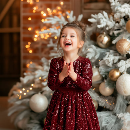 Sparkle Christmas Girls Dress: Burgundy Red Velvet Sequined Gown, Xmas Holiday Party Kids & Toddler Elegant Outfit for Special Occasion