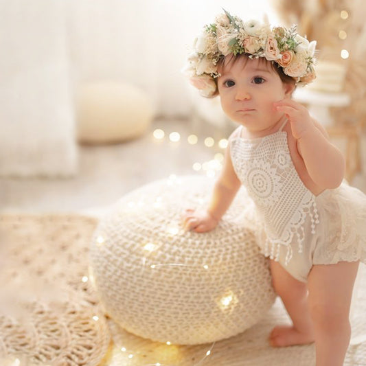 Cute lace baby girl romper for 1st Birthday.