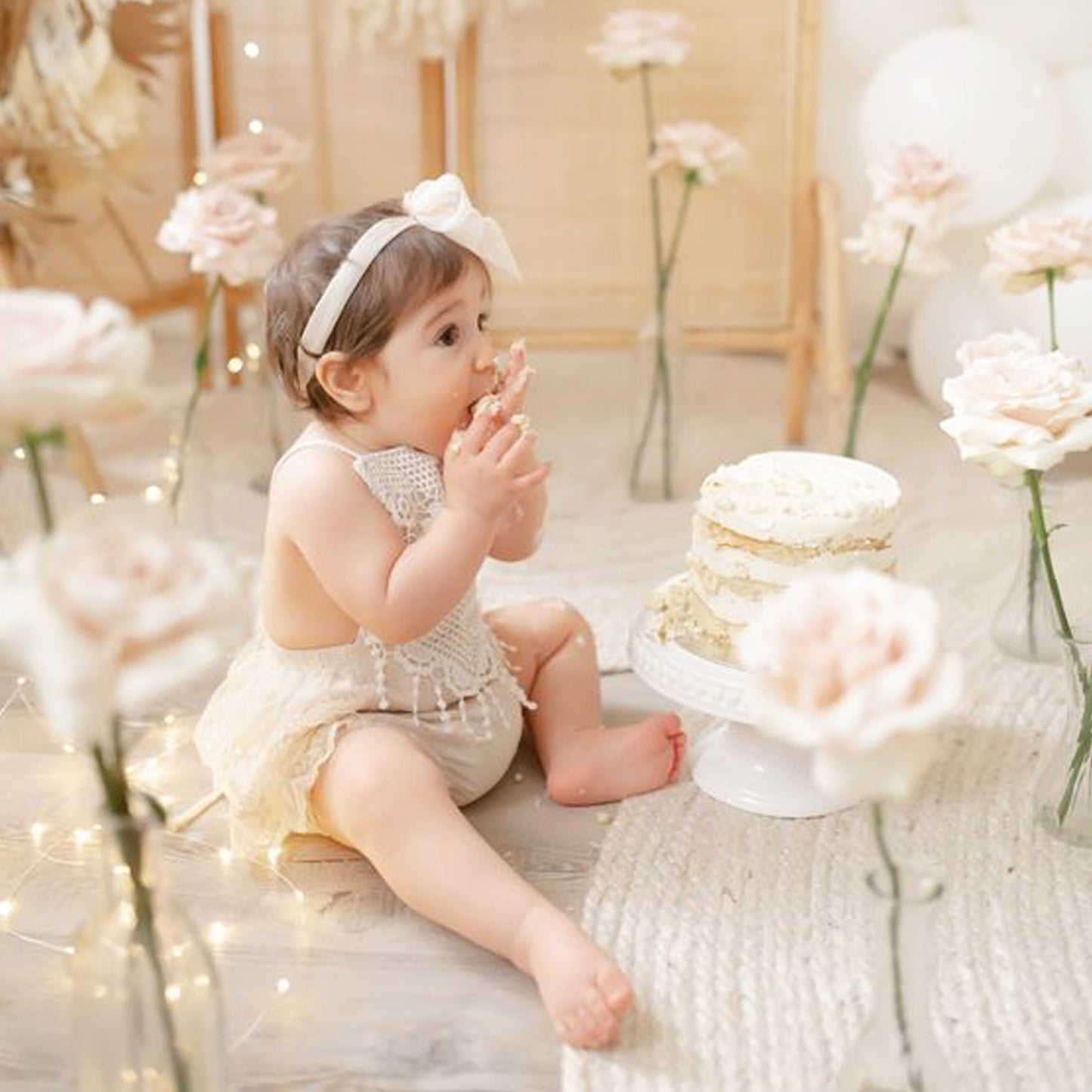 Ivory lace floral baby girl romper for Cake Smash.