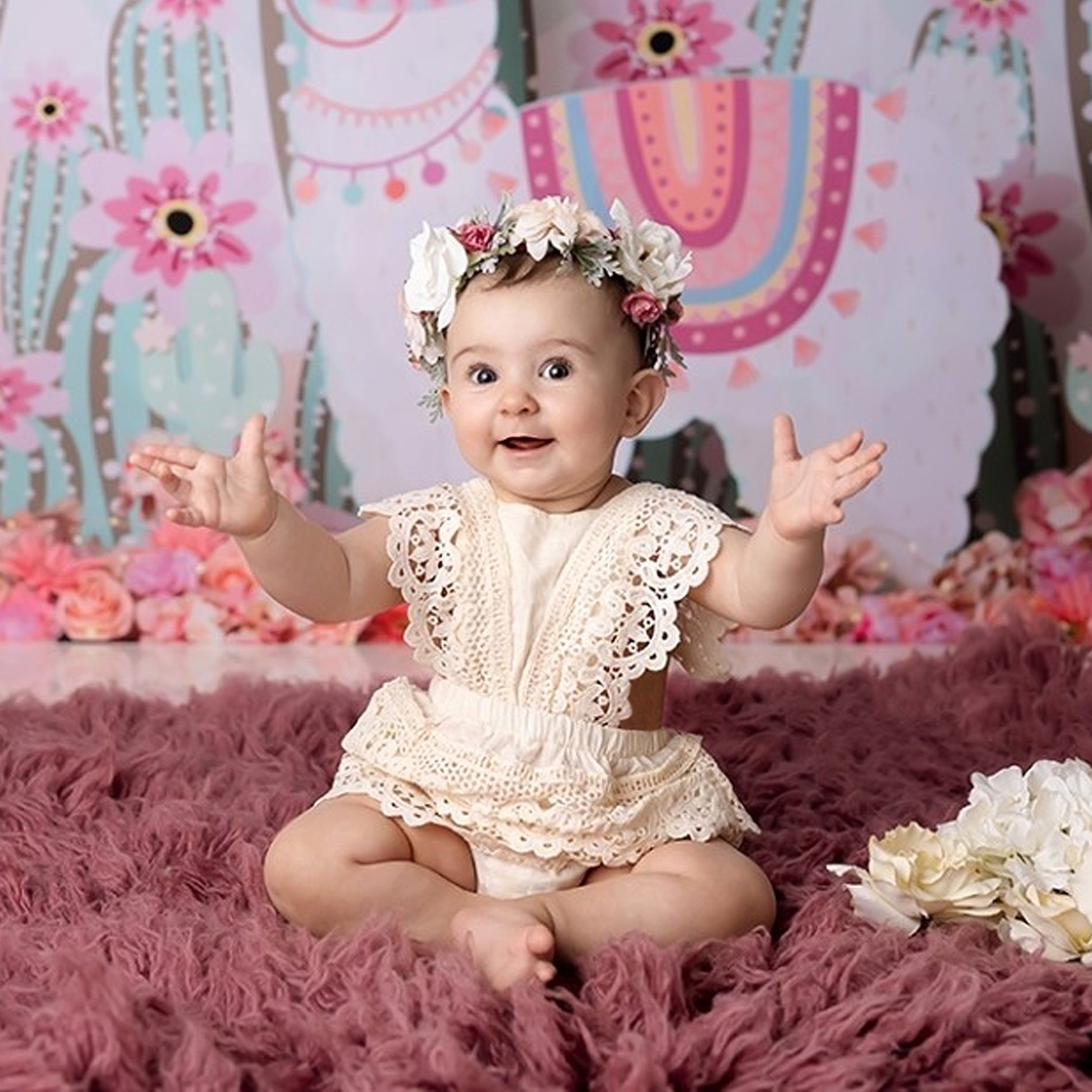 Cake Smash Outfit Girl Boho Baby Romper, Lace Stockings and Floral Headband