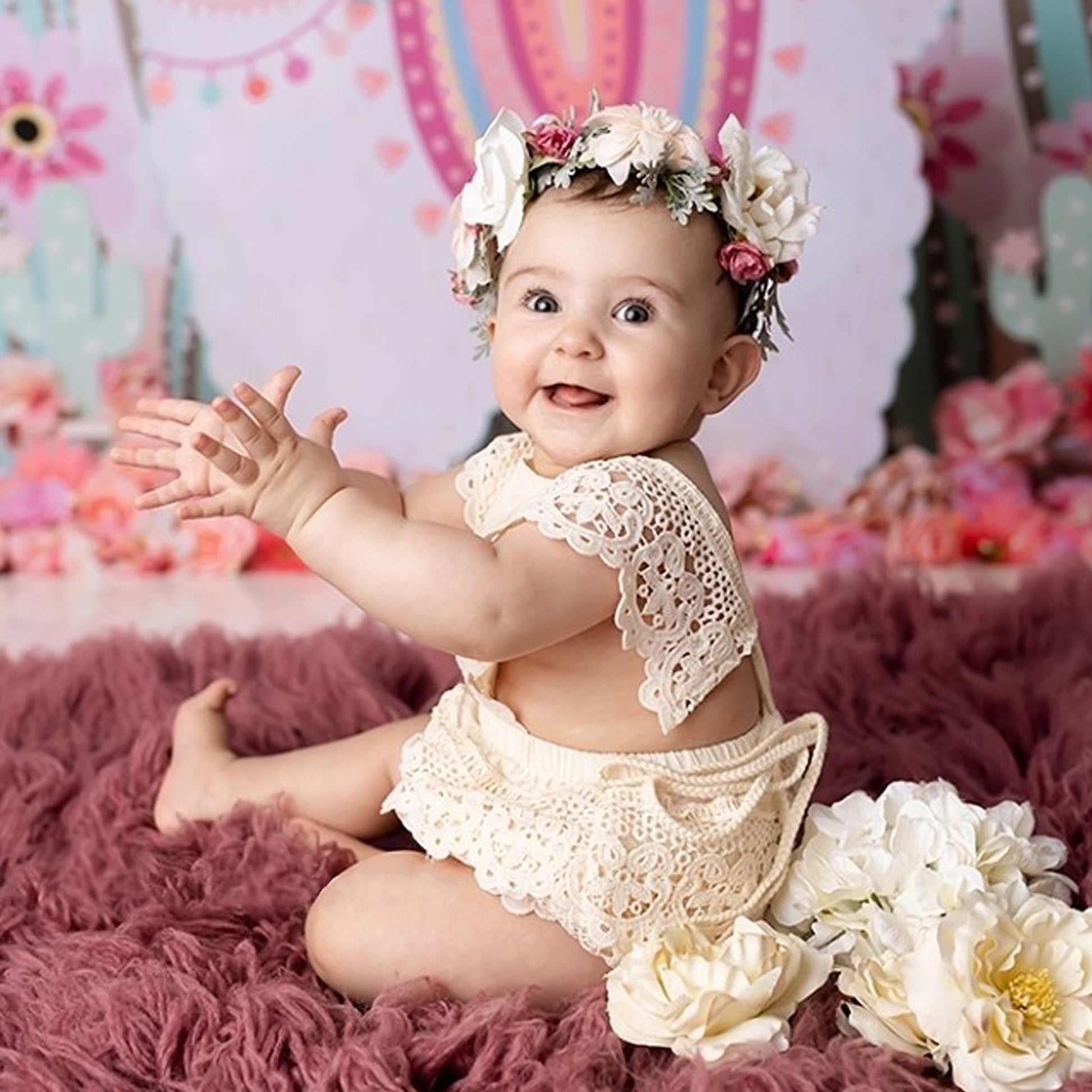 Cake Smash Outfit Girl - Boho Baby Romper, Lace Stockings and Floral Headband. Beige Ivory Crochet Lace Dress for First Birthday Outfit Girl, Smash Cake Photo shoot, Baptism After Party Toddler and Newborn, One Year Old Girl