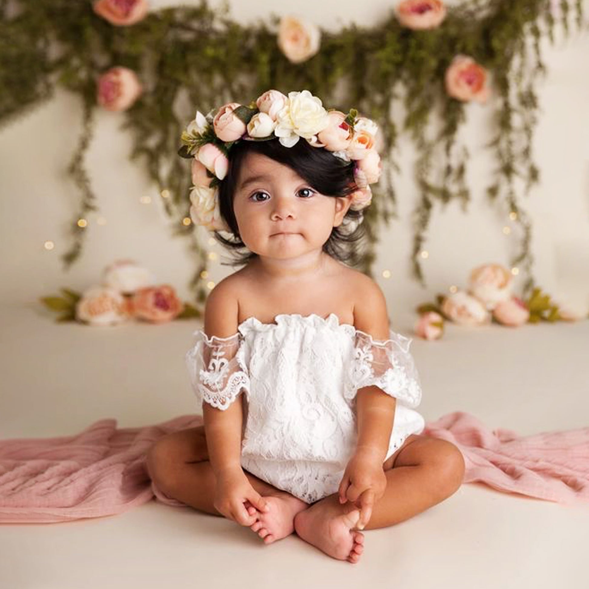 White Lace Baby Romper Off Shoulder for Newborn or First Birthday Smash Cake Outfit, Floral Bodysuit Special Occasion Easter romper