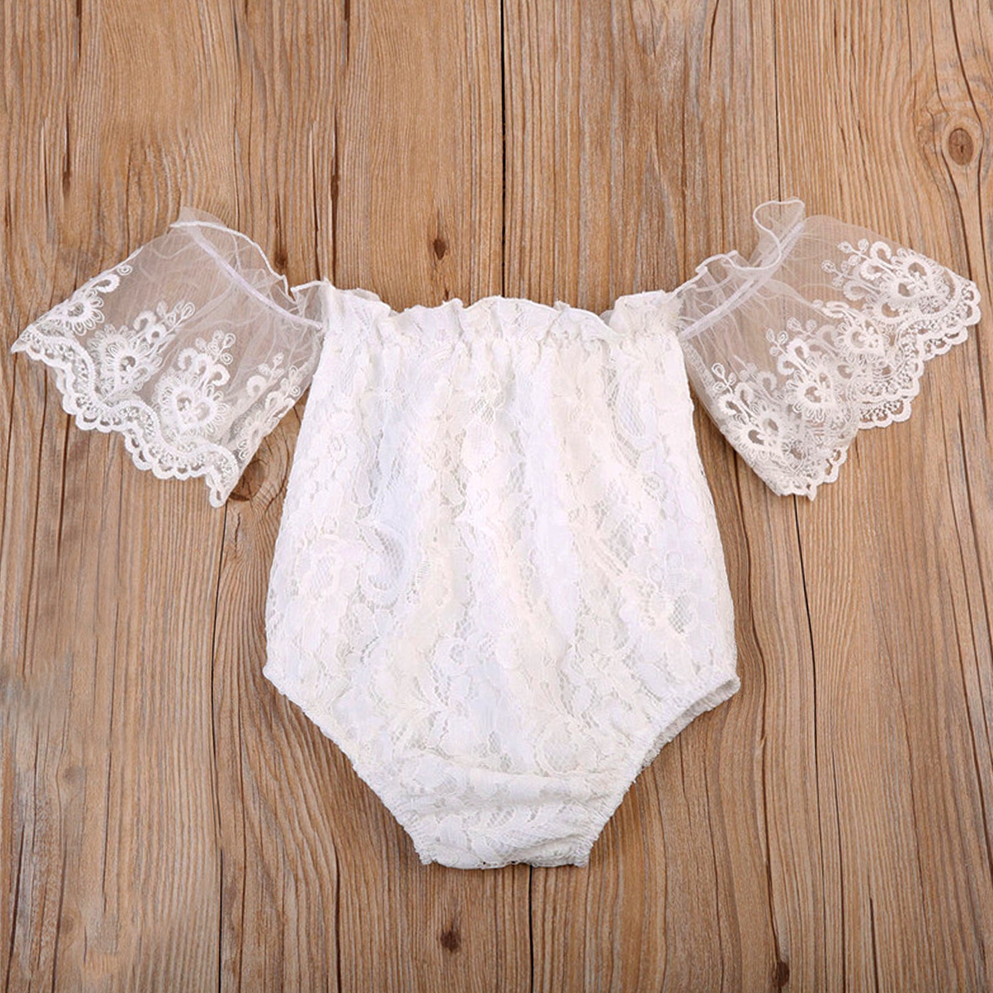 White Lace Baby Romper Off Shoulder for Newborn or First Birthday Smash Cake Outfit