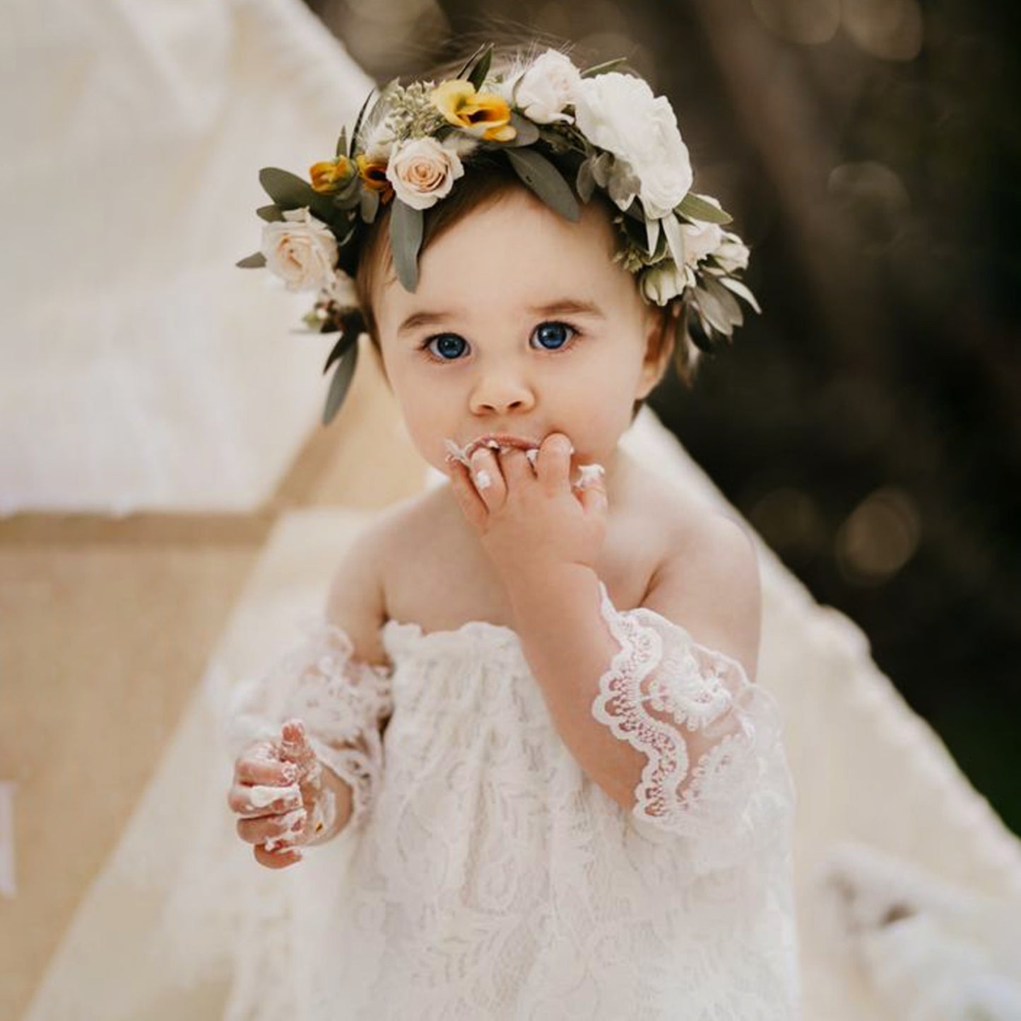 White Lace Baby Romper Off Shoulder for Newborn or First Birthday Smash Cake Outfit, Floral Bodysuit Special Occasion