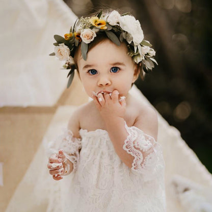 White Lace Baby Romper Off Shoulder for Newborn or First Birthday Smash Cake Outfit, Floral Bodysuit Special Occasion