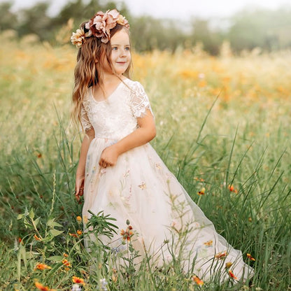 Sage Flower Girl Dresses for Forest or Beach Wedding Party, Lace and Embroidered Tulle Gown, Sage green junior bridesmaid long maxi floral dresses baby toddler white