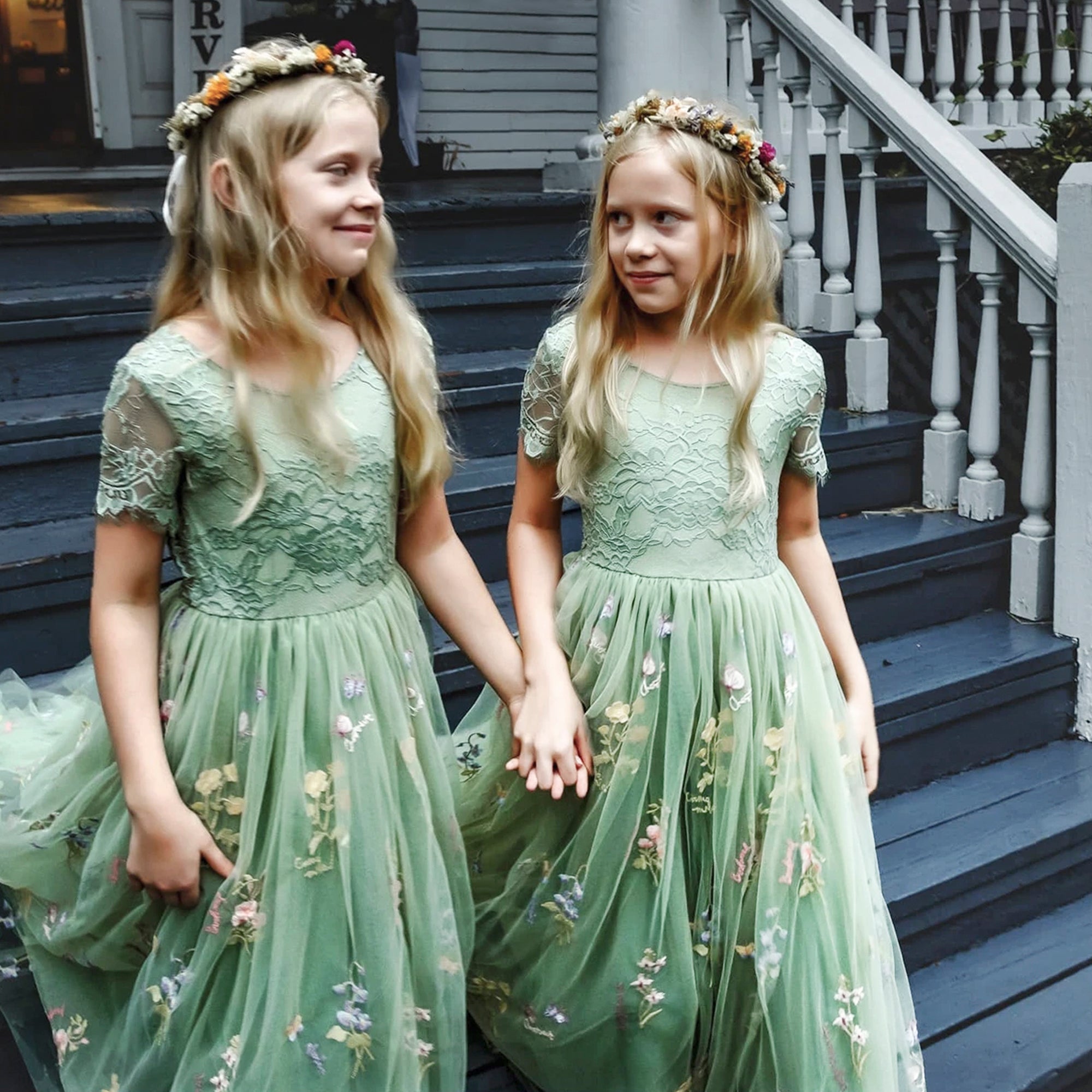 Sage Flower Girl Dresses for Forest or Beach Wedding Party Lace and Embroidered Tulle Gown