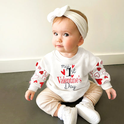 Baby Girls 1st Valentine's Day Romper Long Sleeve, White Sweatshirt Letter Heart Print