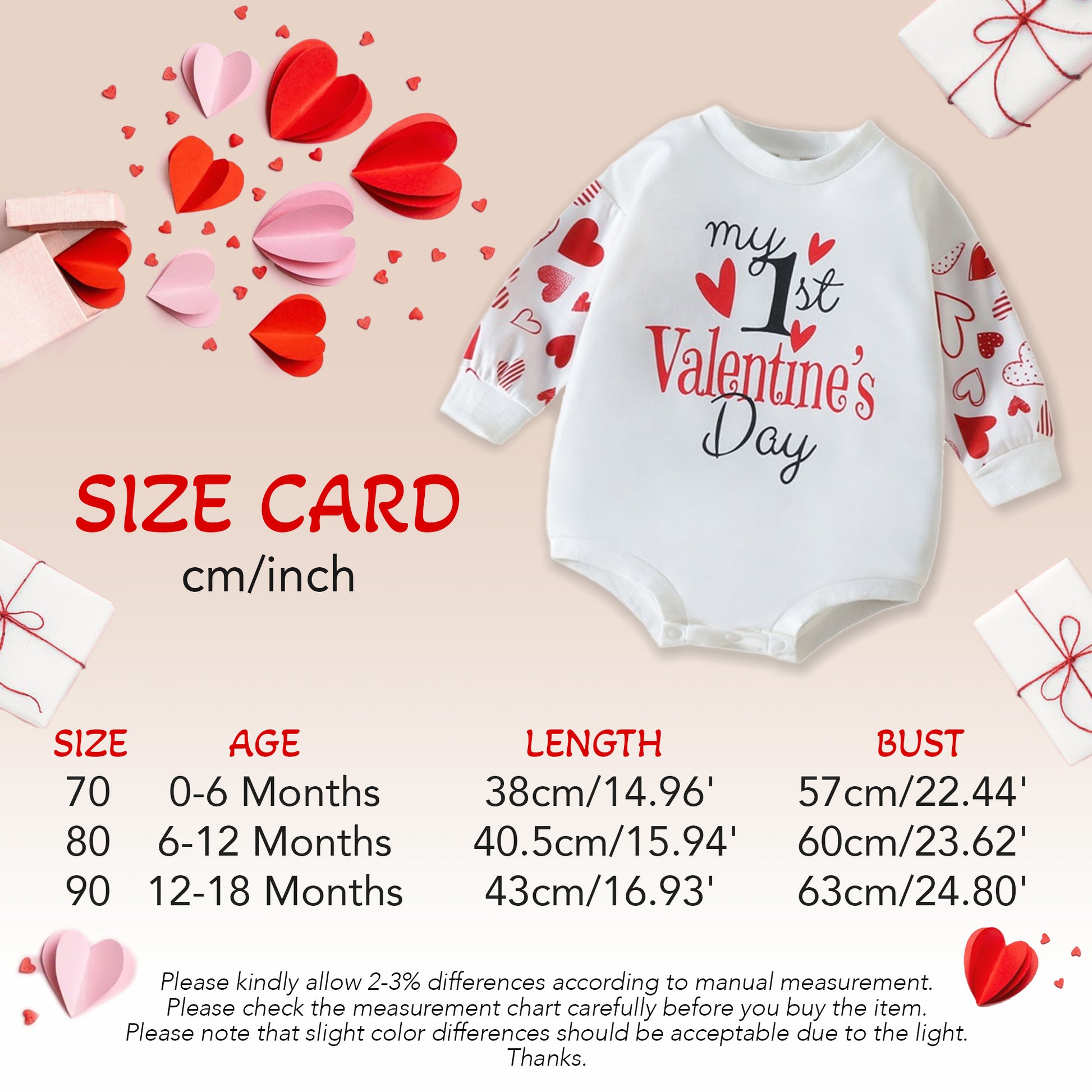 Baby Girls 1st Valentine's Day Romper Long Sleeve, White Sweatshirt Letter Heart Print