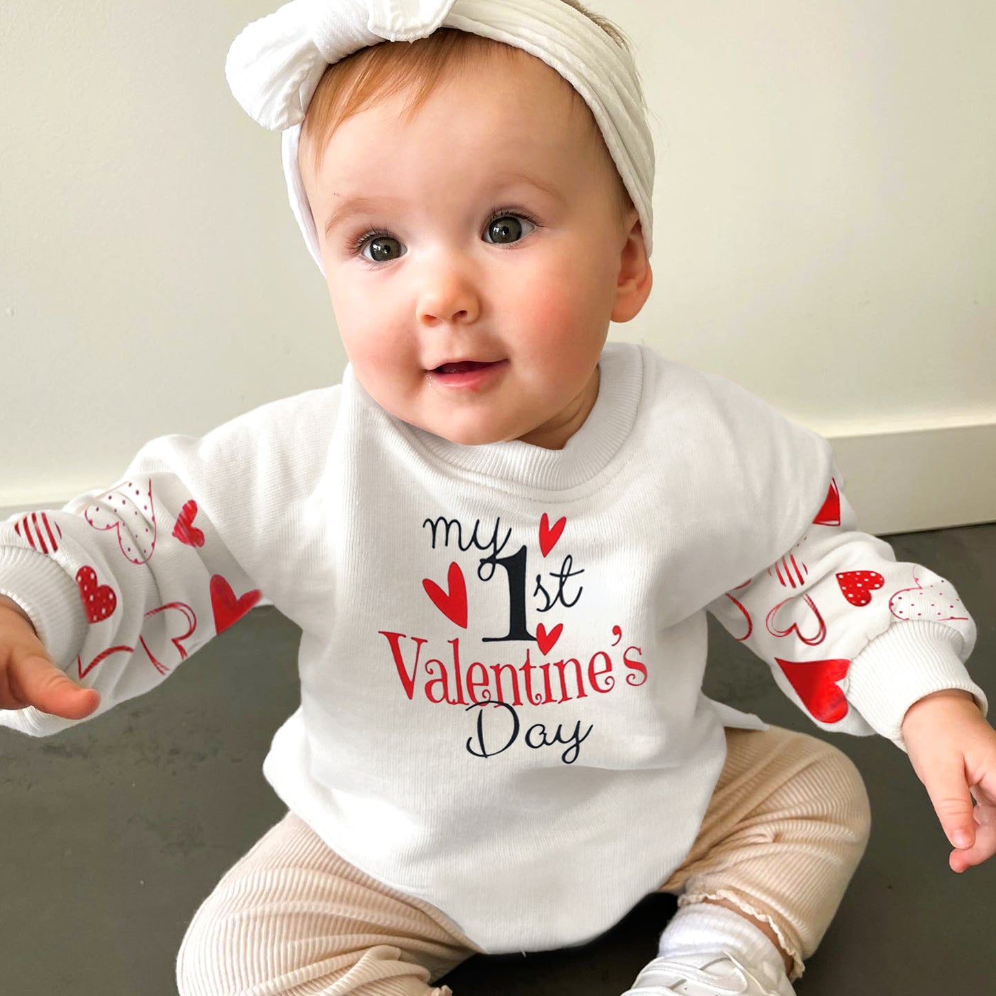 Baby Girls 1st Valentine's Day Romper Long Sleeve, White Sweatshirt Letter Heart Print