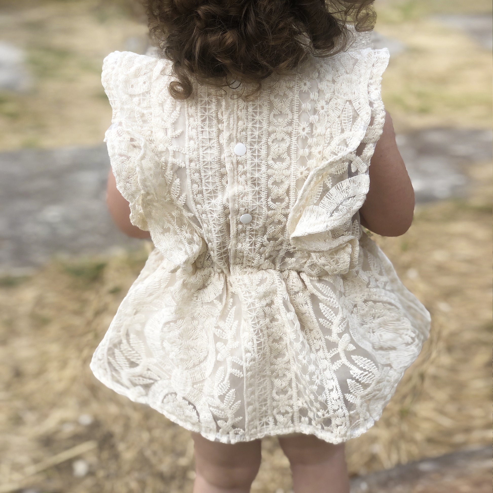 Boho First Birthday Outfit Girl - Ivory Baby Dress Romper, Lace Stockings and Floral Headband. Toddler Flower girl dress, Wedding baby gown, 1st birthday, one year smash cake session