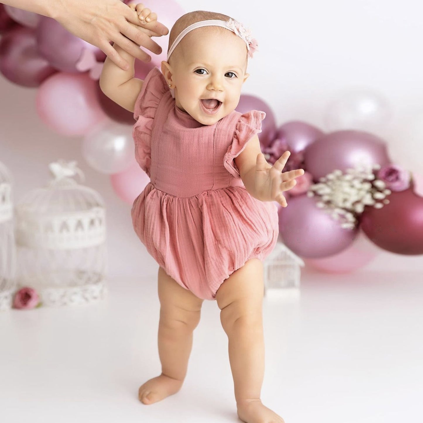 First Birthday Outfit Girl, Smash Cake Photoshoot, Blush Pink muslin romper for Special Occasions, One Years Old Girls, Cotton Clothes for Toddler