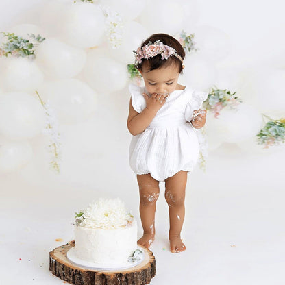 White Baby Girl Bubble Romper with Headband for 1st Birthday Outfit Girl, One Year Old Girl Smash Cake Photo