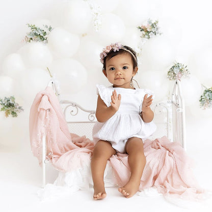 White Baby Girl Bubble Romper with Headband for 1st Birthday Outfit Girl, One Year Old Girl Smash Cake Photo