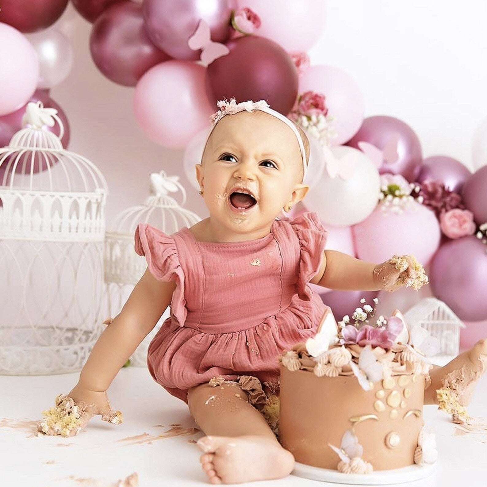 Pink Cotton Muslin Baby Bubble Romper First Birthday Cake Smash Outfi AmimamiDoll