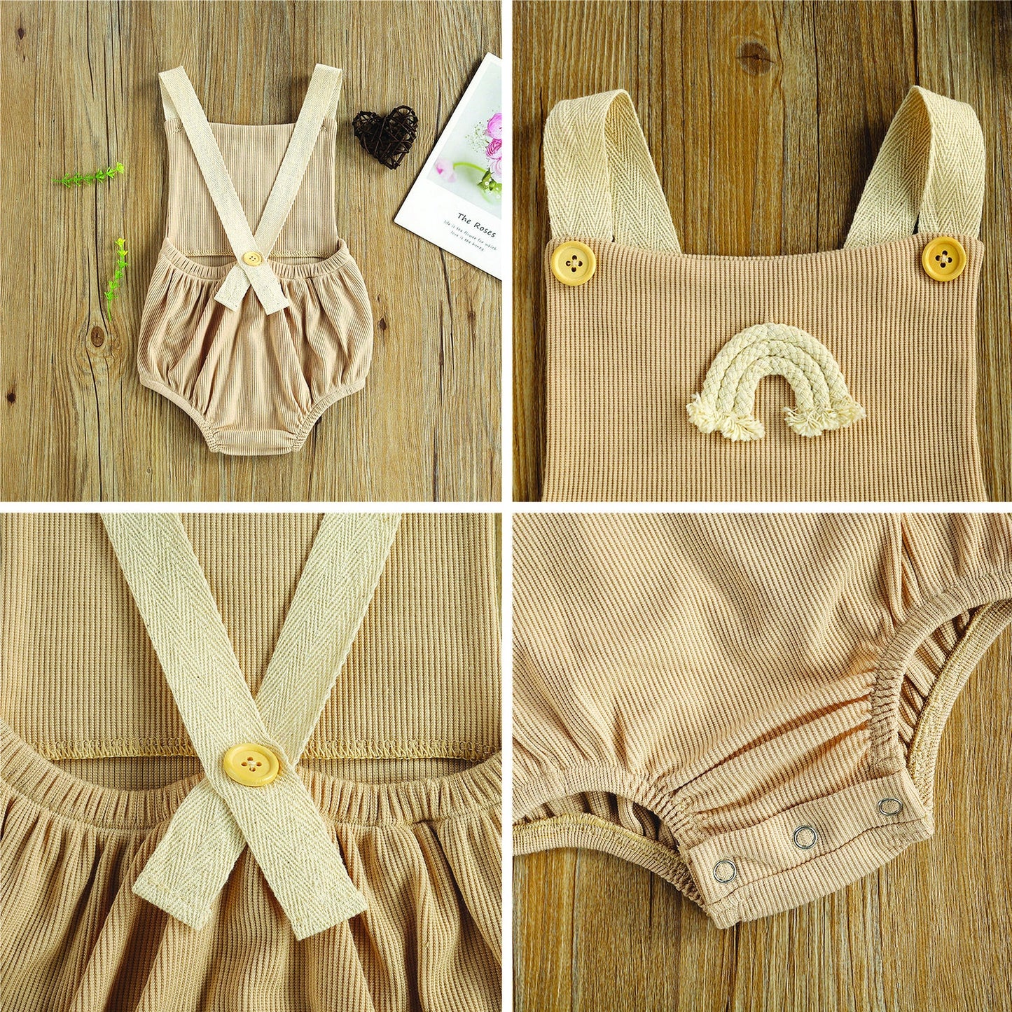 Beige romper with embroidery for warmer weather.