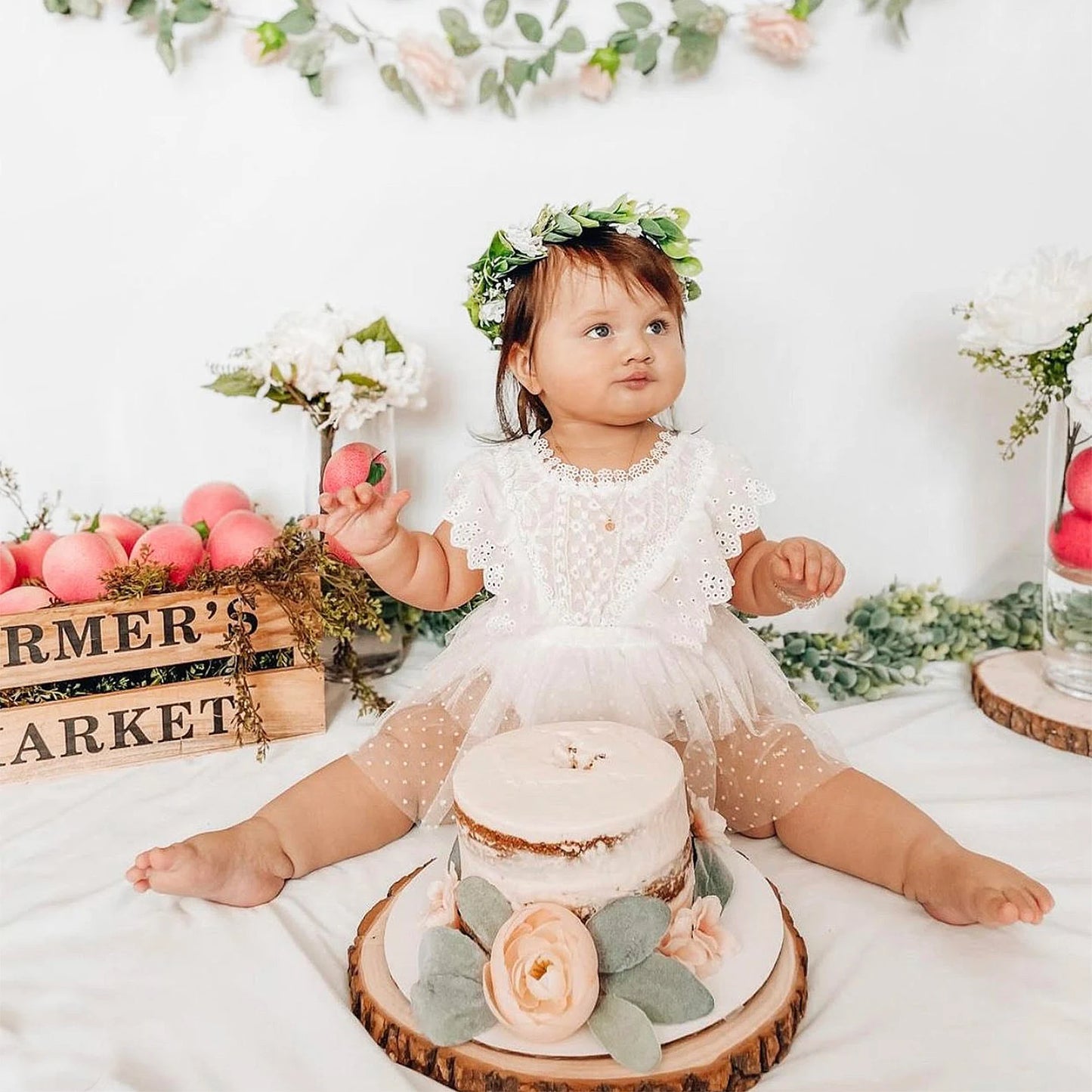 White Lace Smash Cake Outfit Girl, Boho Baby Romper Dress Tulle for First Birthday