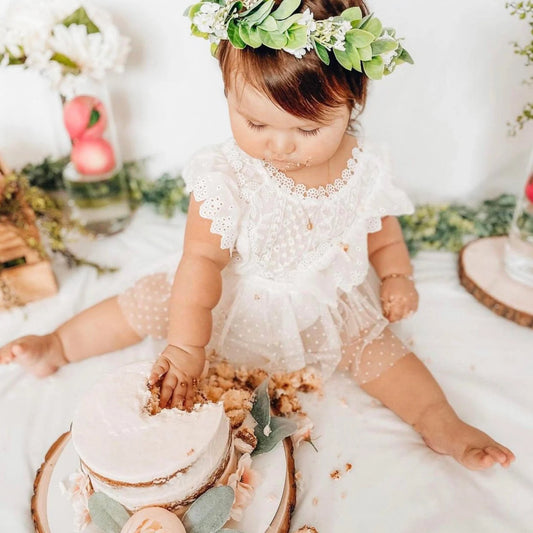 White Lace Smash Cake Outfit Girl, Boho Baby Romper Dress Tulle for First Birthday