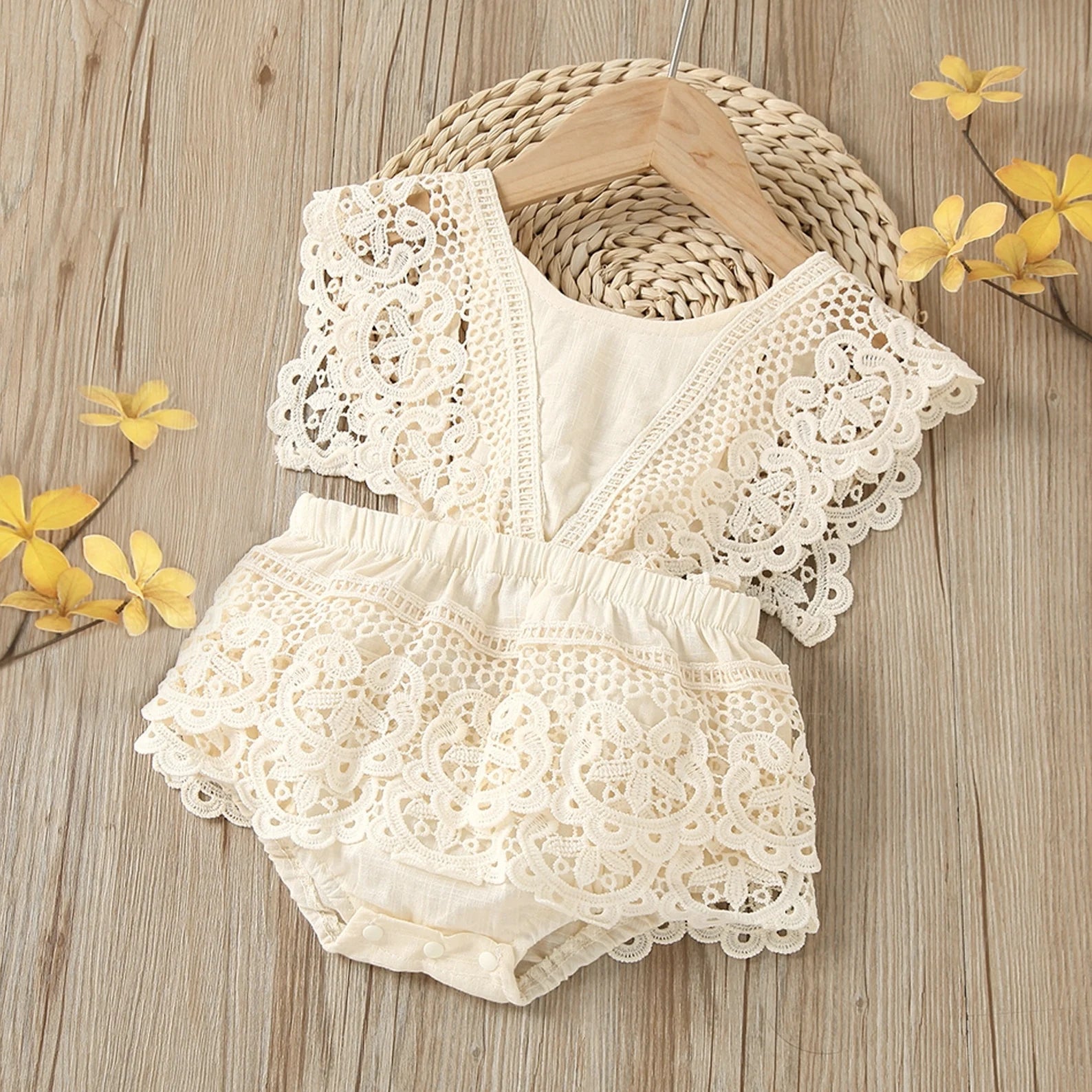 Crochet White Ruffle Baby Romper Crochet Lace Boho Baby Romper For