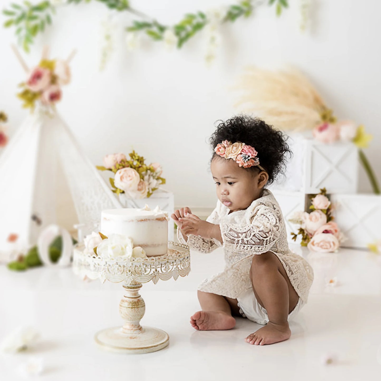 White lace baby girl romper for Smash Cake.