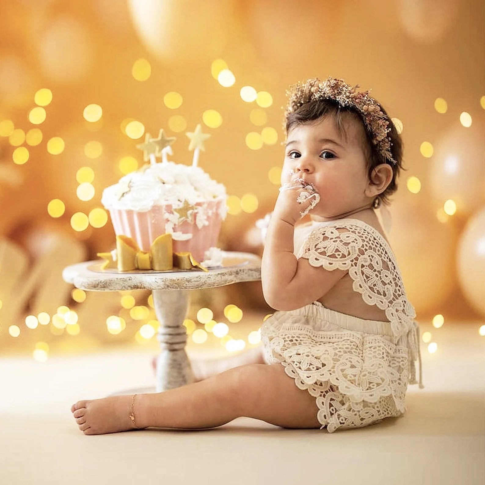 Cake Smash Outfit Girl - Boho Baby Romper, Lace Stockings and Floral Headband. Beige Ivory Crochet Lace Dress for First Birthday Outfit Girl, Smash Cake Photo shoot, Baptism After Party Toddler and Newborn, One Year Old Girl