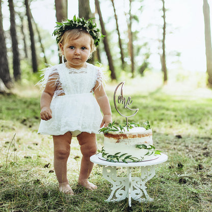 Boho Lace Baby Dress Romper with Feathers, 1st Birthday Cake Smash Outfit Girl