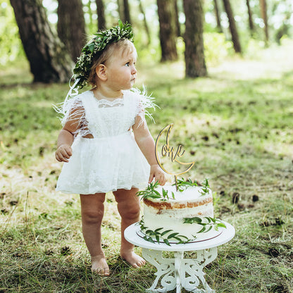 Boho Lace Baby Dress Romper with Feathers, 1st Birthday Cake Smash Outfit Girl