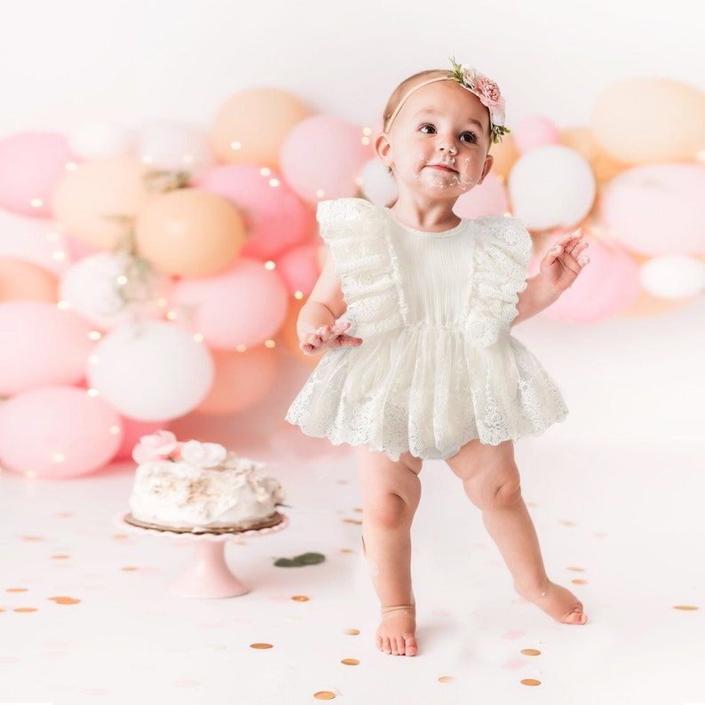 White baby girl dress, Lace Romper for Newborn photoshoot, Simple Smash cake outfit girl, Flutter Muslin jumpsuit for 1st Birthday & Baptism