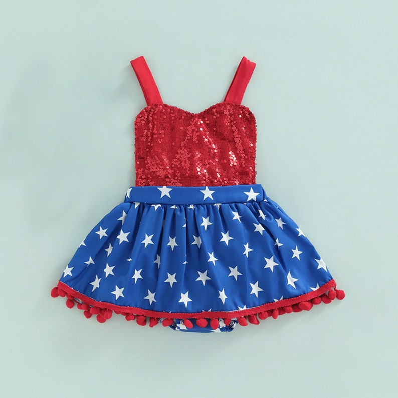 American Baby Girl Tutu Dress for Independence Day Pageant, 4th of July Red Sequin Romper