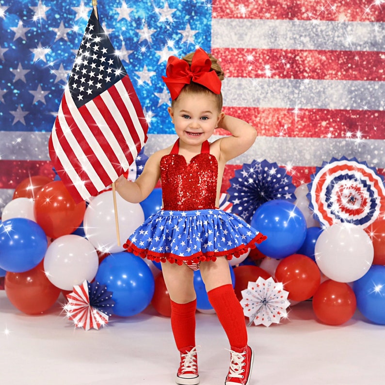 American Baby Girl Tutu Dress for Independence Day Pageant, 4th of July Red Sequin Romper