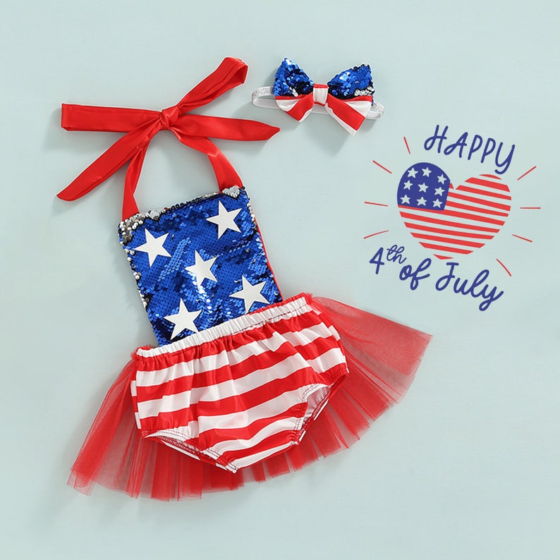 Infant Sequin Patriotic Romper Dress for Independence Day Baby Girl Pageant, Stars & Striped