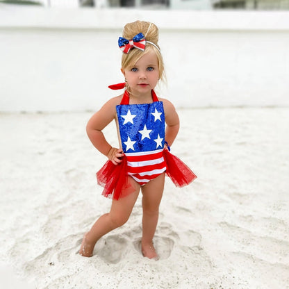 Infant Sequin Patriotic Romper Dress for Independence Day Baby Girl Pageant, Stars & Striped