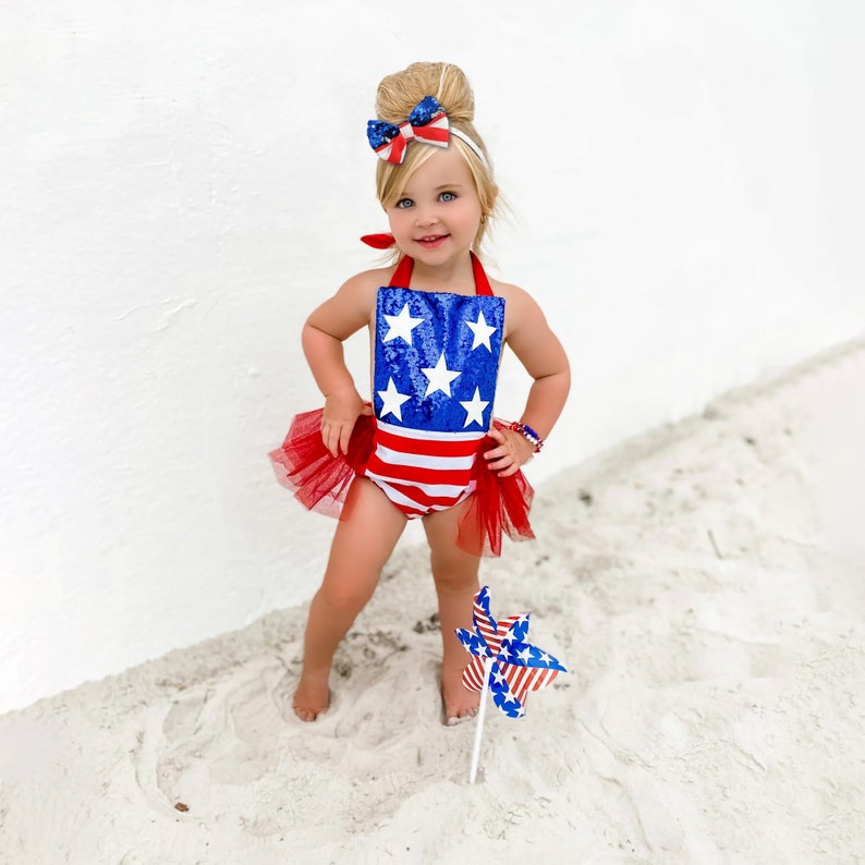 Infant Sequin Patriotic Romper Dress for Independence Day Baby Girl Pageant, Stars & Striped