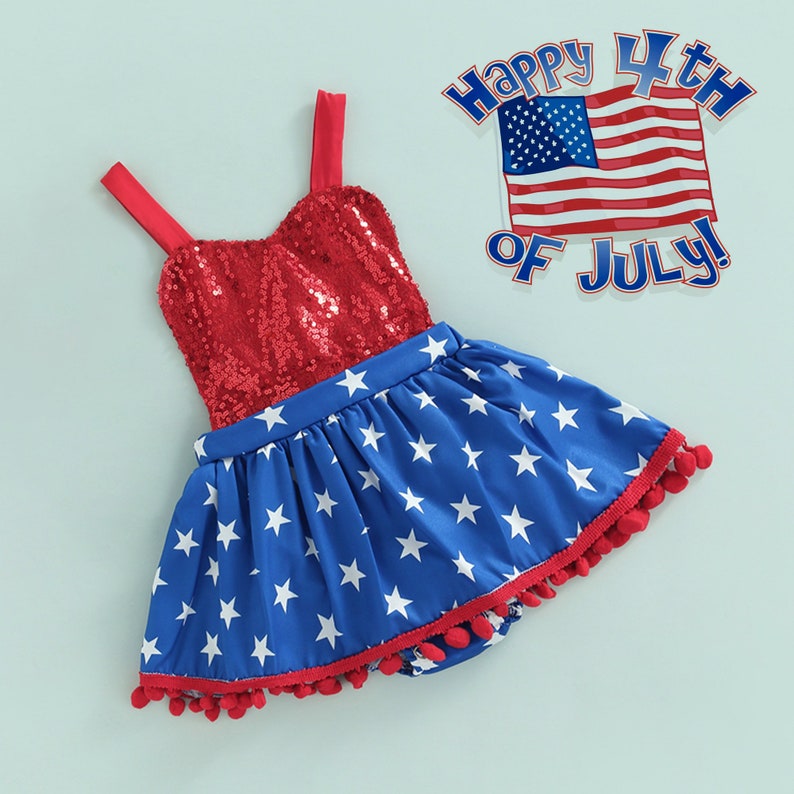 American Baby Girl Tutu Dress for Independence Day Pageant, 4th of July Red Sequin Romper